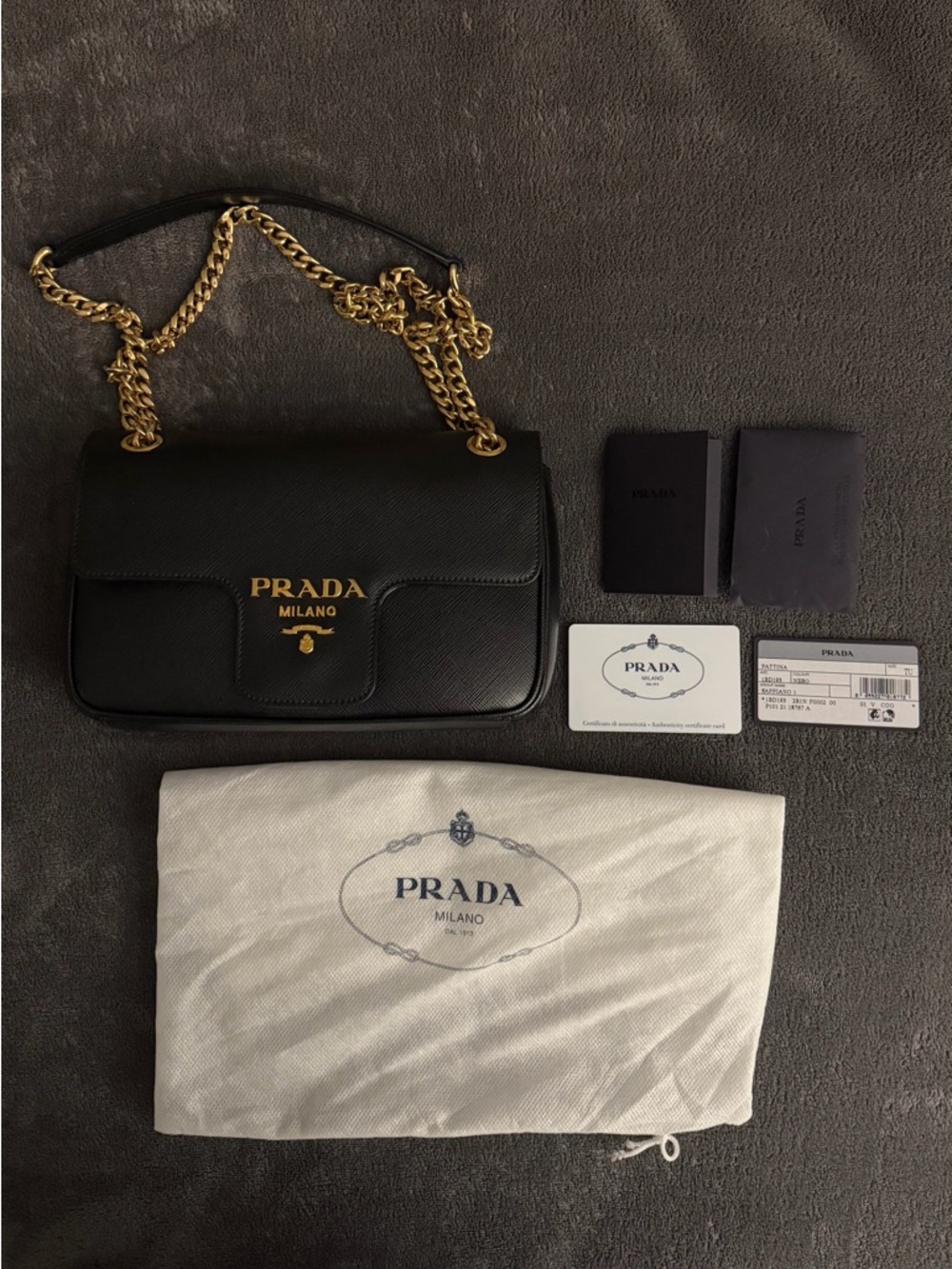 Prada Black Saffiano Leather Flap Crossbody with Gold Chain